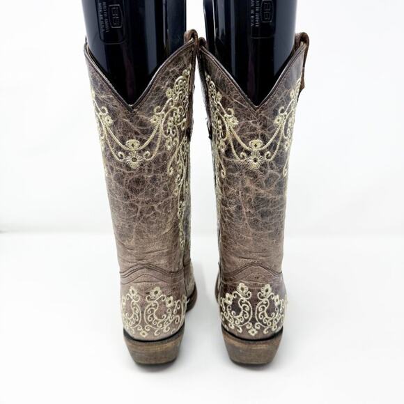 Corral Teen Taupe Leather Western Boots Girls Size 2 Pull On Made in Mexico - Picture 5 of 11